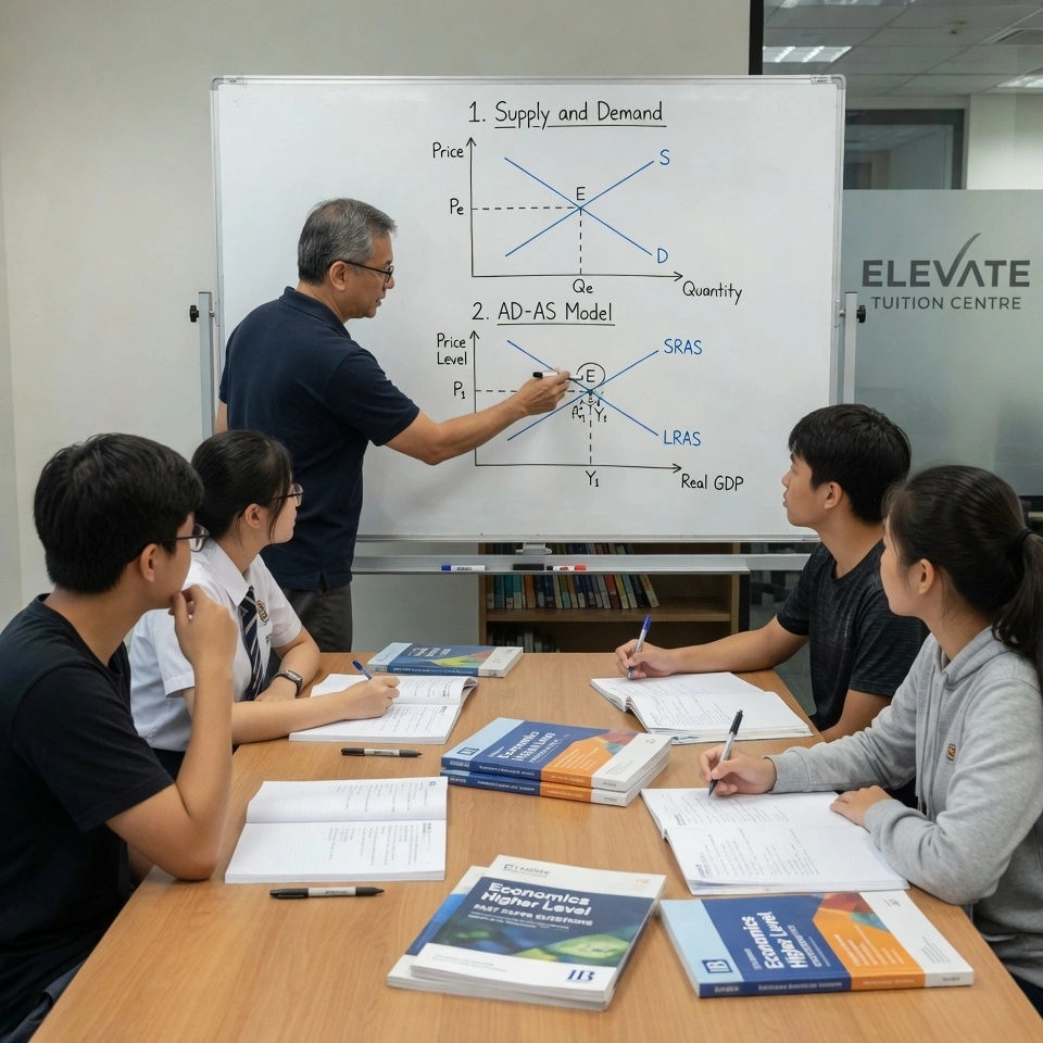 Tutor explaining supply and demand and AD-AS diagrams on a whiteboard to a small group of IB students during an Economics tuition class in Singapore