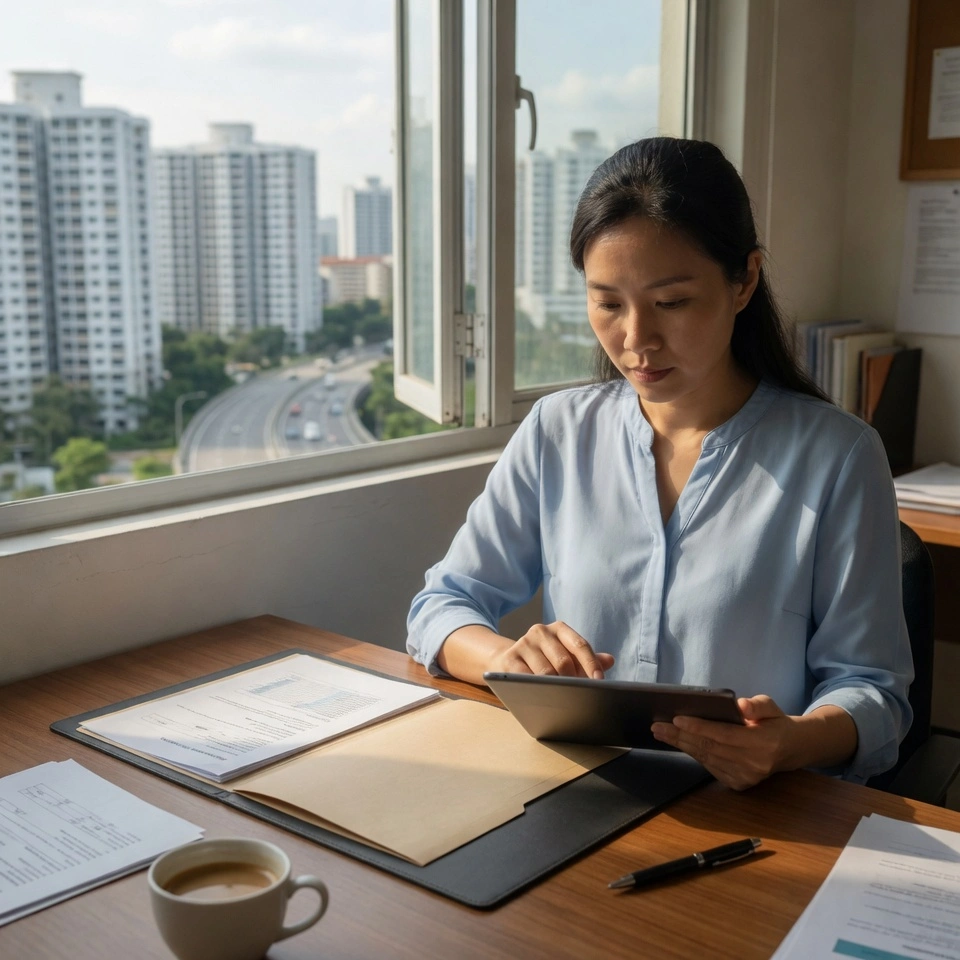 Singaporean woman in a bright office reviewing company documents on a tablet with a manila folder open beside her