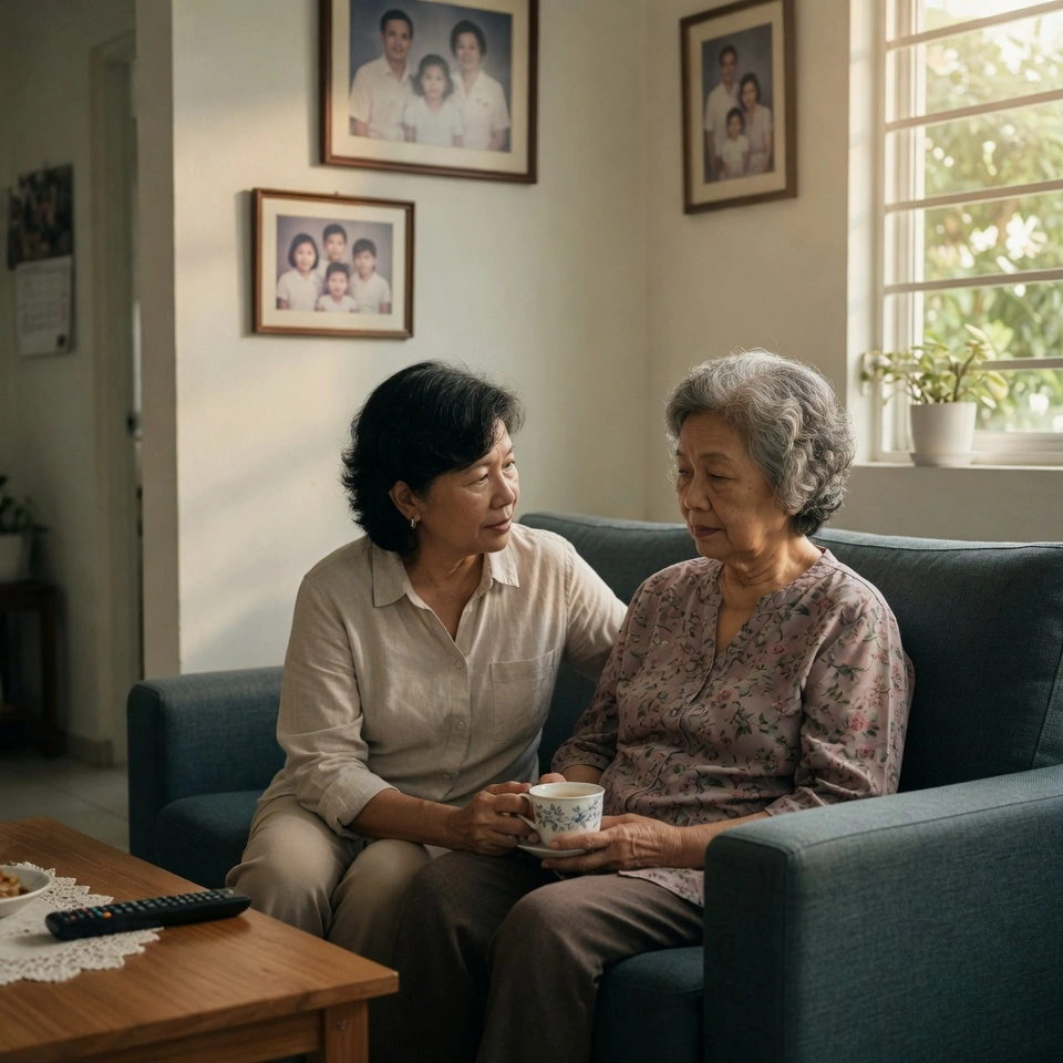 Middle-aged Singaporean daughter sitting beside her elderly mother on a sofa in a bright HDB living room, listening attentively as they share a quiet moment together