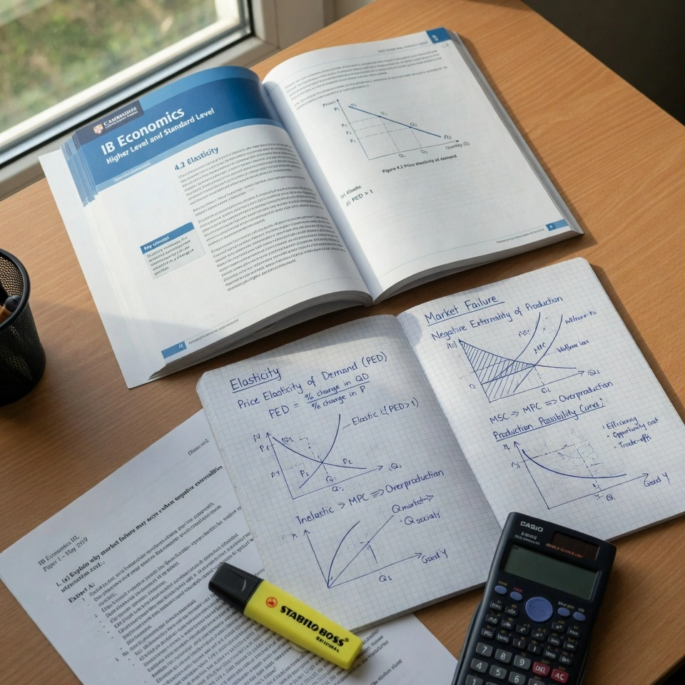 Student’s desk with open IB Economics textbook, handwritten graphs on elasticity and market failure, past-paper questions, and study notes during exam preparation