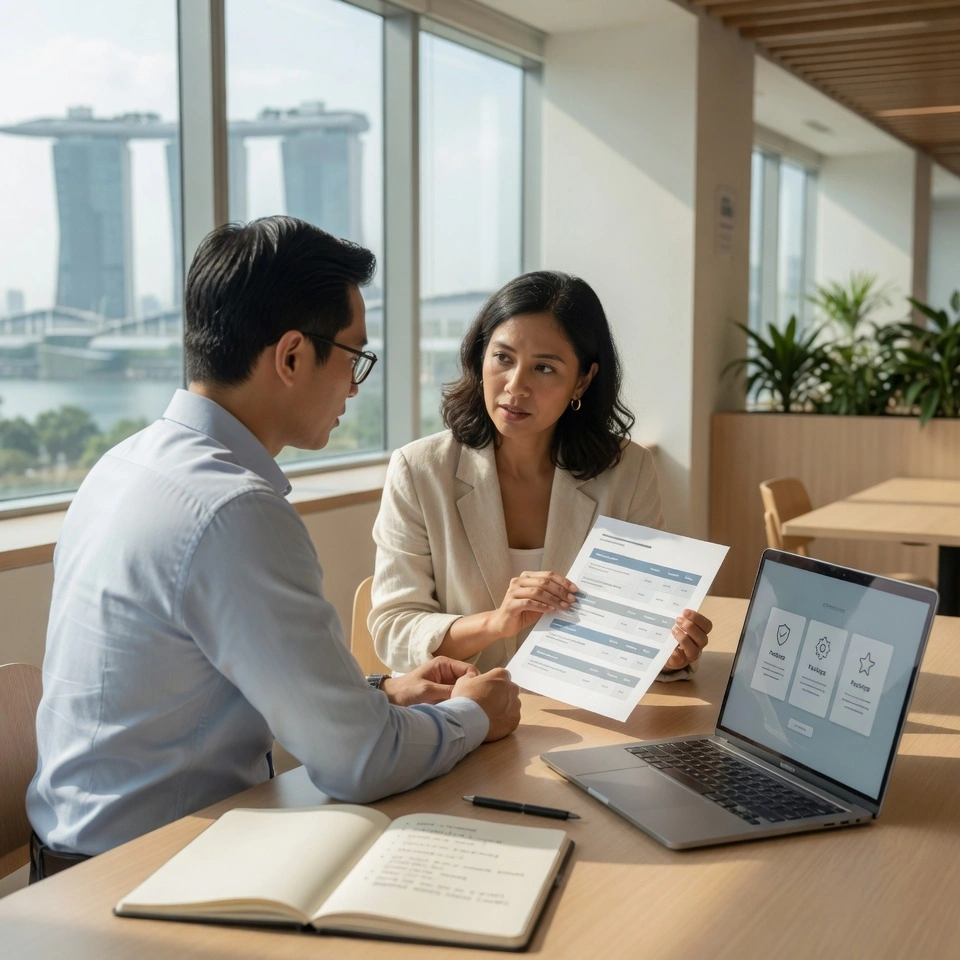 Two professionals reviewing a comparison sheet and laptop screen while discussing service options in a Singapore co-working space