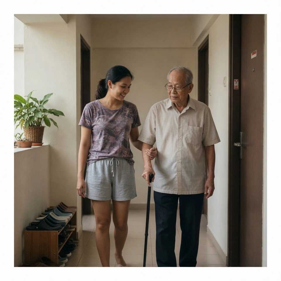 Young female caregiver gently supporting an elderly Singaporean man by the arm as he walks slowly with a walking stick inside a simple HDB home