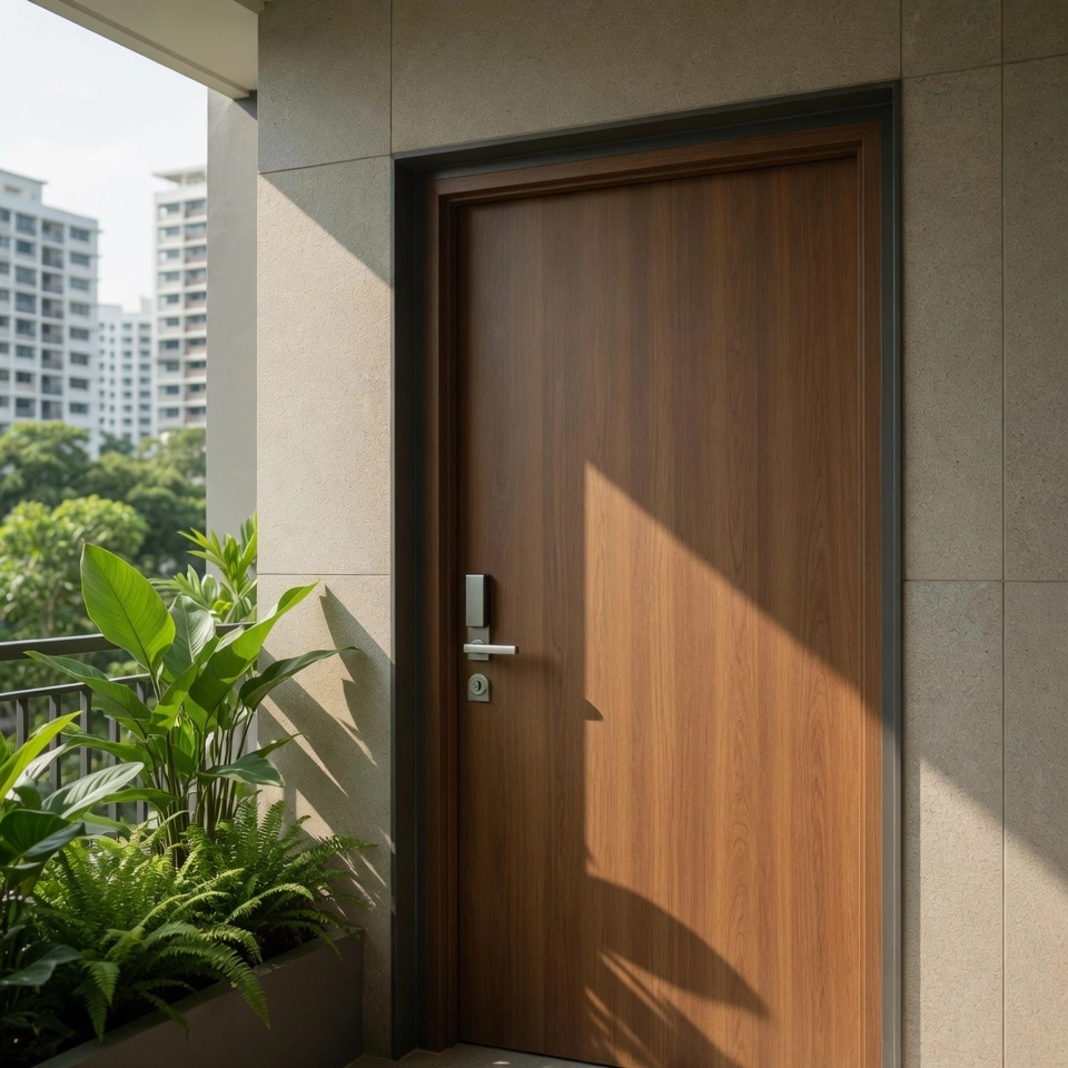Modern fire-rated main door at a Singapore HDB or condo entrance showcasing quality and security