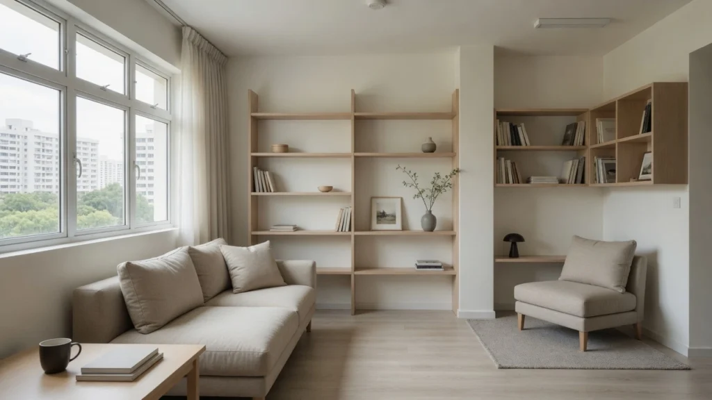 Minimalist HDB living room with natural wood shelving, linen sofa, soft neutral tones and a compact reading nook in a dead corner, maximising limited space