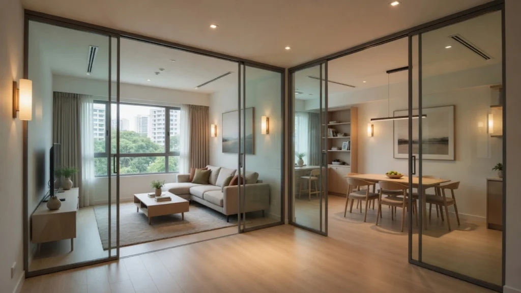 Modern HDB living-dining area using sliding glass partitions and warm LED recessed lighting to create the illusion of more space and improve flow