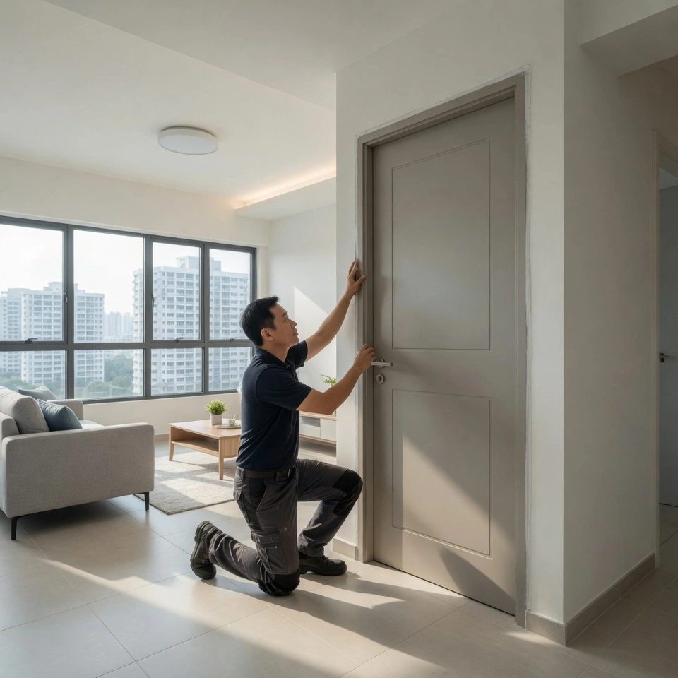 Professional door installation in a Singapore home highlighting quality fitting and after-sales service