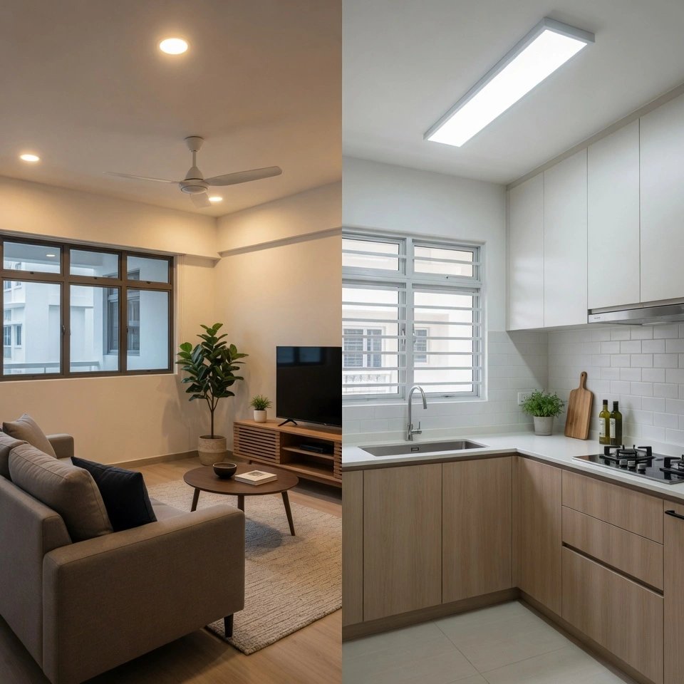 Comparison of warm white and cool white LED lighting in a modern Singapore living room and kitchen setting