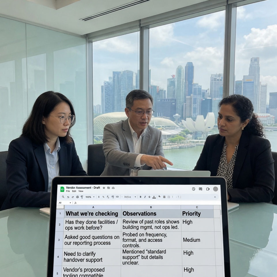Business professionals reviewing data dashboards and criteria checklists during a consulting discussion in a modern Singapore office
