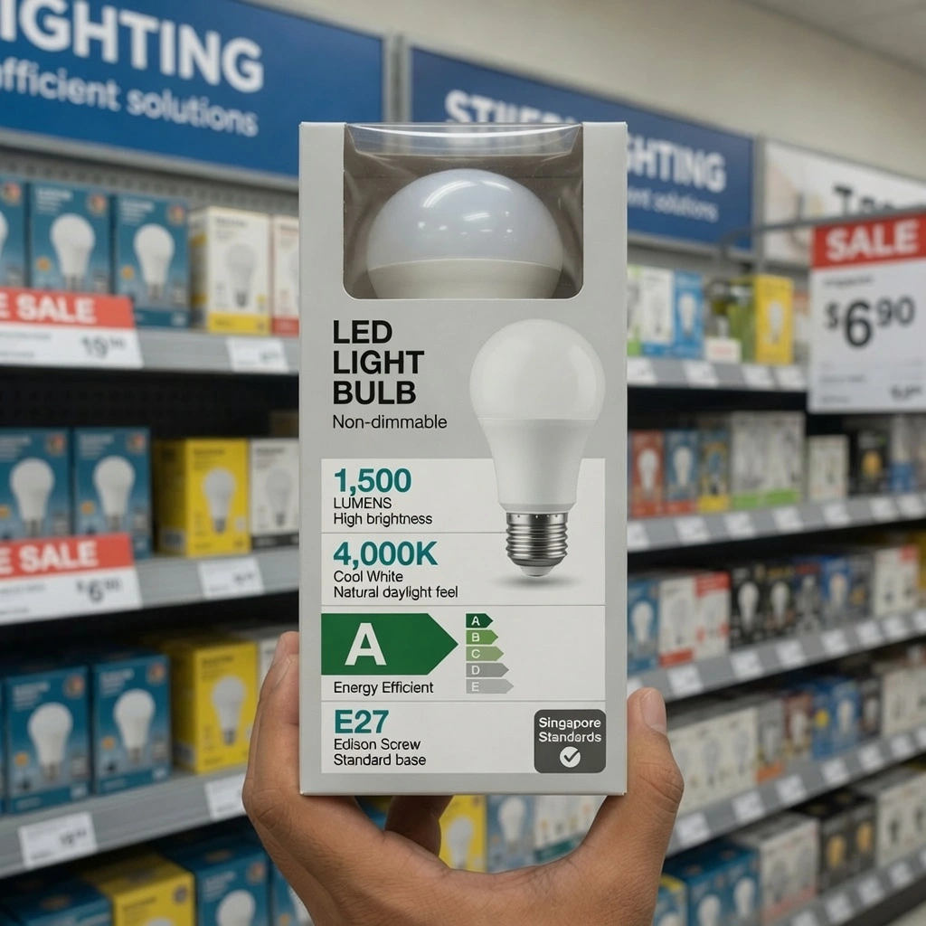 Close-up of a person examining the packaging of an LED light bulb showing lumens, colour temperature and energy label