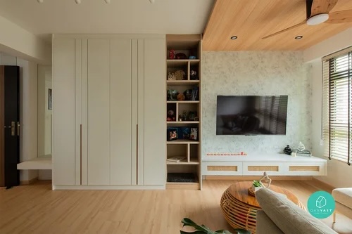 Open shelves in living room renovation idea