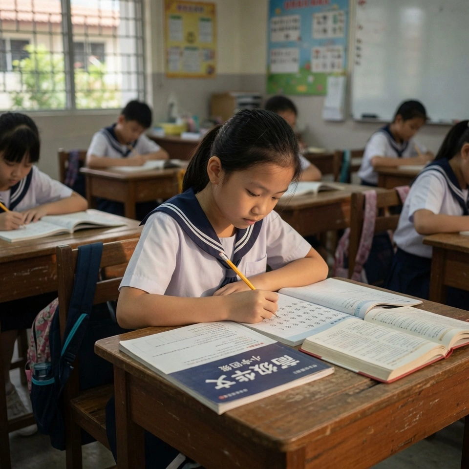 A Primary 5 girl in a Singapore classroom writing Chinese characters in her Higher Chinese workbook during class.