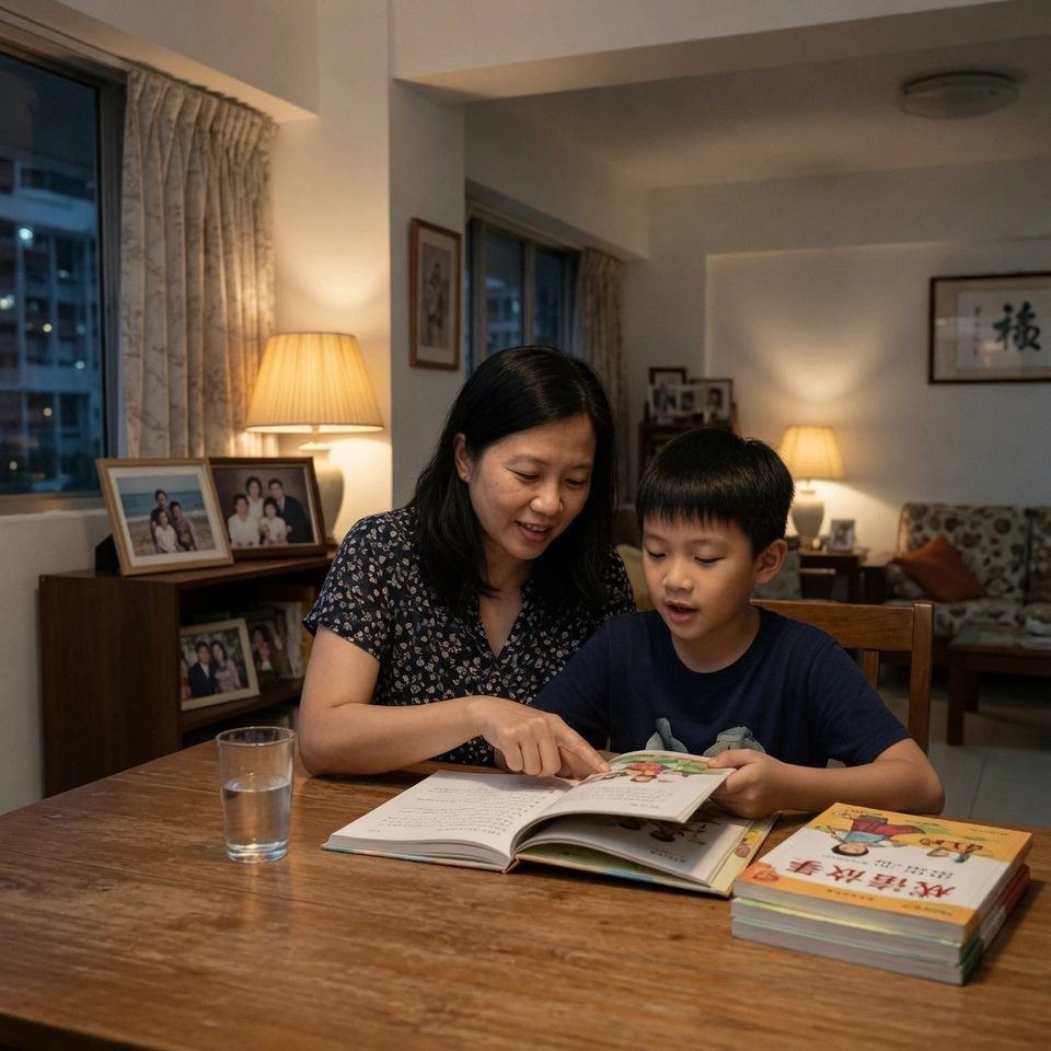 Mother and primary school son reading a Chinese book together at the dining table in a Singapore HDB flat.
